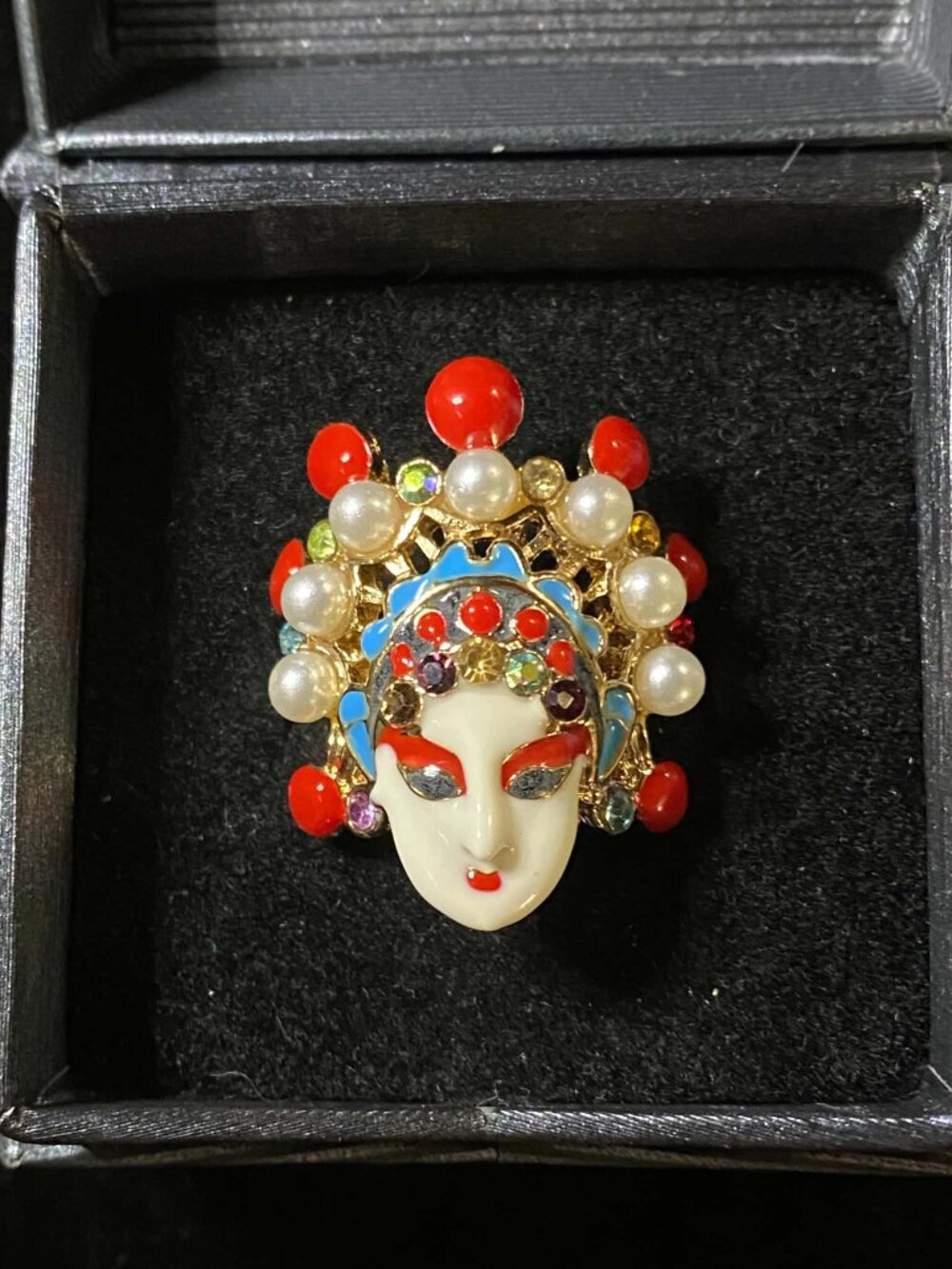 Chinese Peking Opera Mask Ornate Painted Design Faux Pearls Crystals Adjust Ring